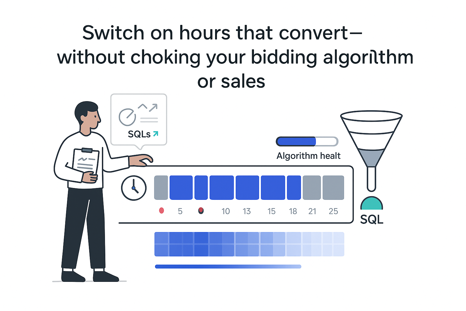 Minimalist ad schedule control 24 hour bar with heatmap funnel to SQL person pointing