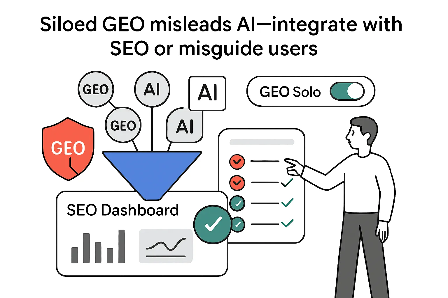 Minimalist tech illustration funnel to SEO dashboard cracked GEO shield toggle being switched by human