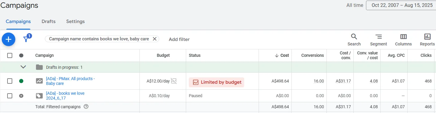 PMax Baby care campaign result showing strong ROAS
