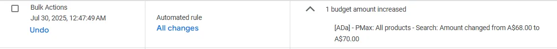 Automation rule audit showing adjustments to avoid over-scaling budgets
