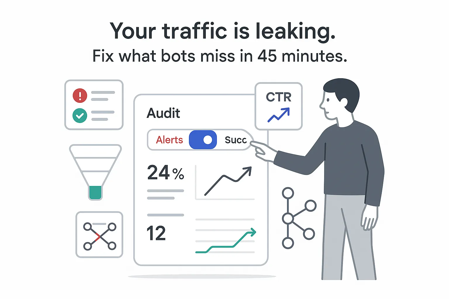 Minimalist audit dashboard with toggle chart funnel index coverage link map CTR person pointing
