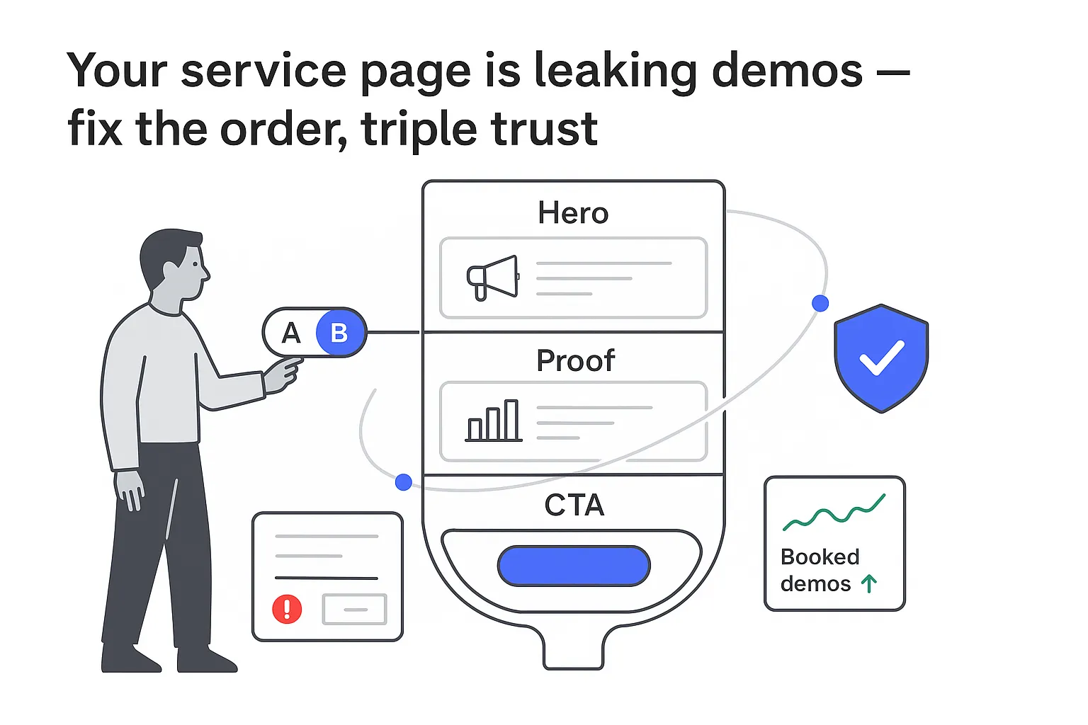 Minimalist tech illustration of conversion funnel Hero Proof CTA risk shield AB toggle analytics