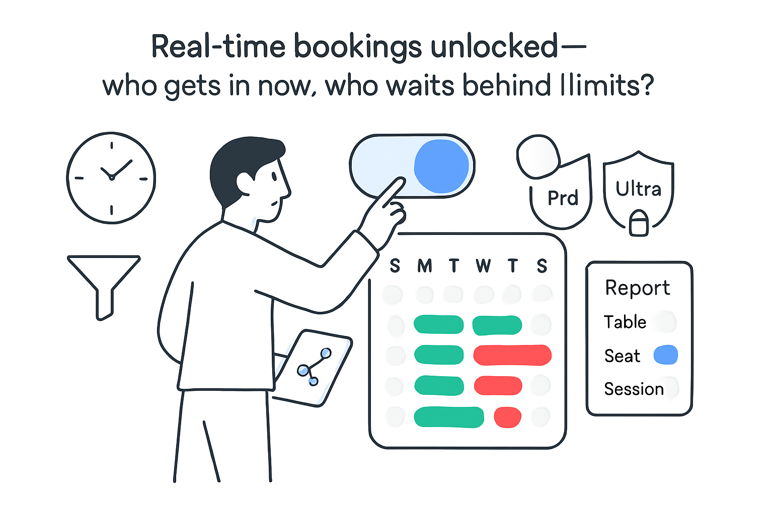 Minimalist tech illustration of real time bookings calendar with availability pills and user toggling access