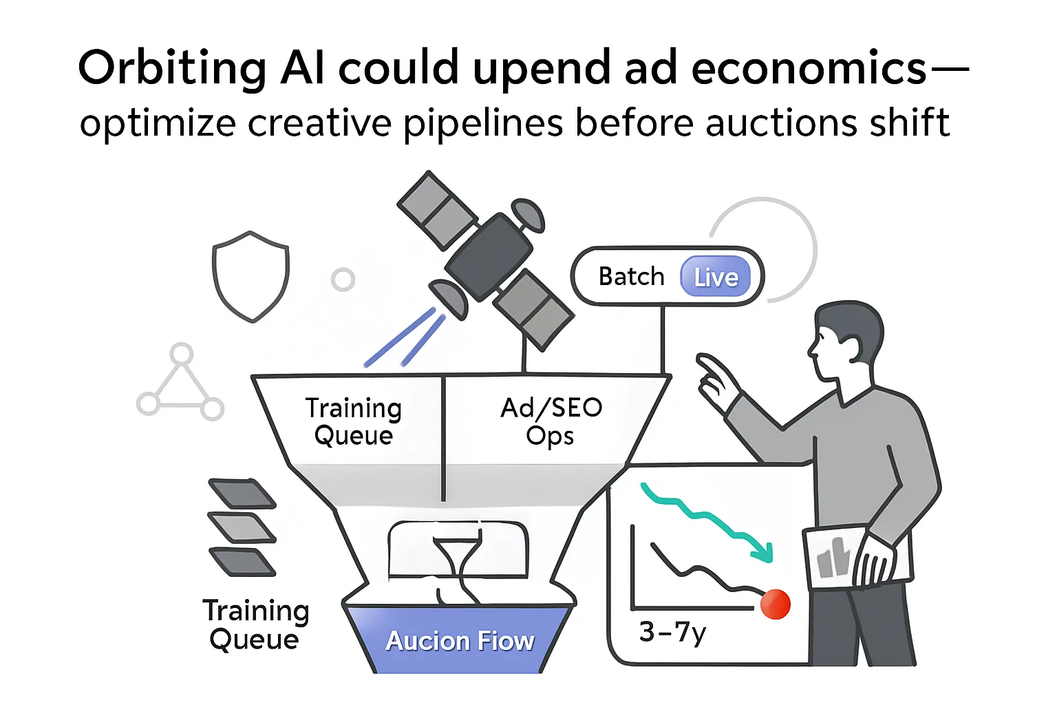 Solar LEO satellite powering Ad SEO funnel with training queue auction flow and cost pressure