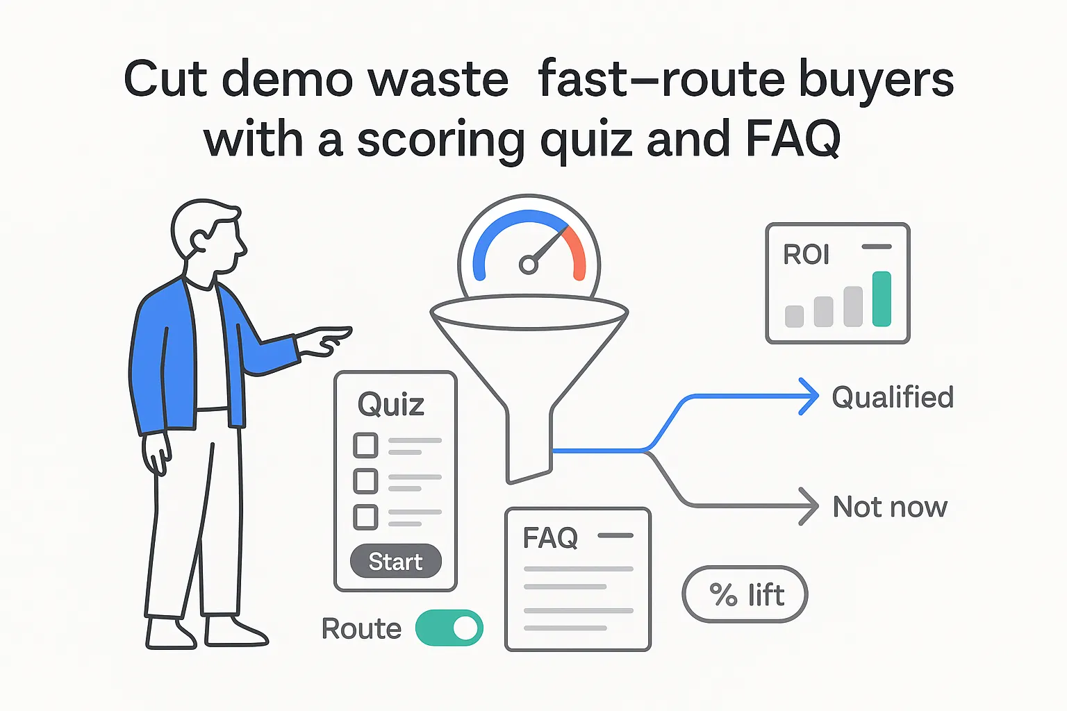 Minimalist tech illustration funnel for lead routing with scoring quiz FAQ route toggle ROI report