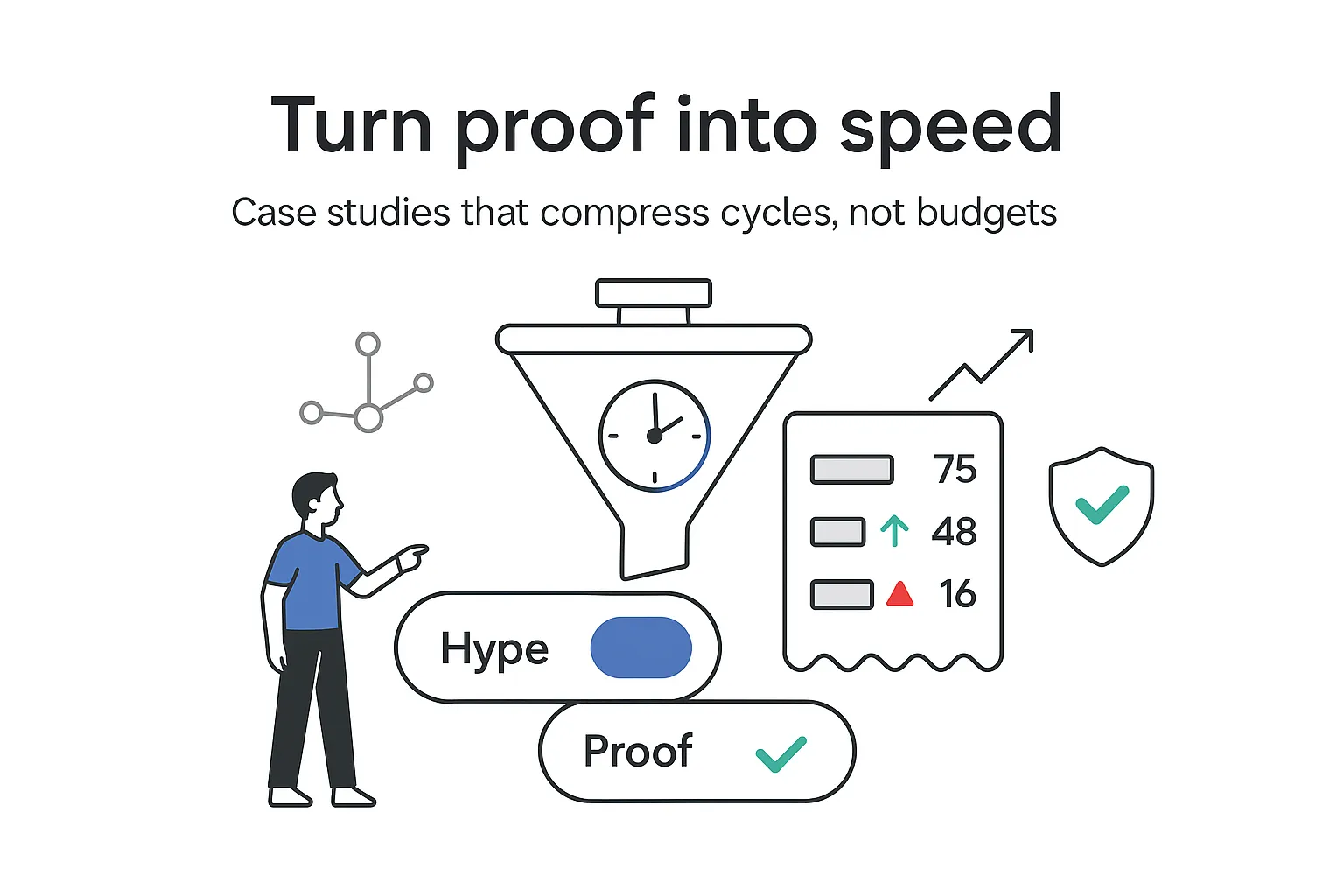 Minimalist tech illustration funnel with stopwatch KPI panel proof versus hype toggle and verified shield