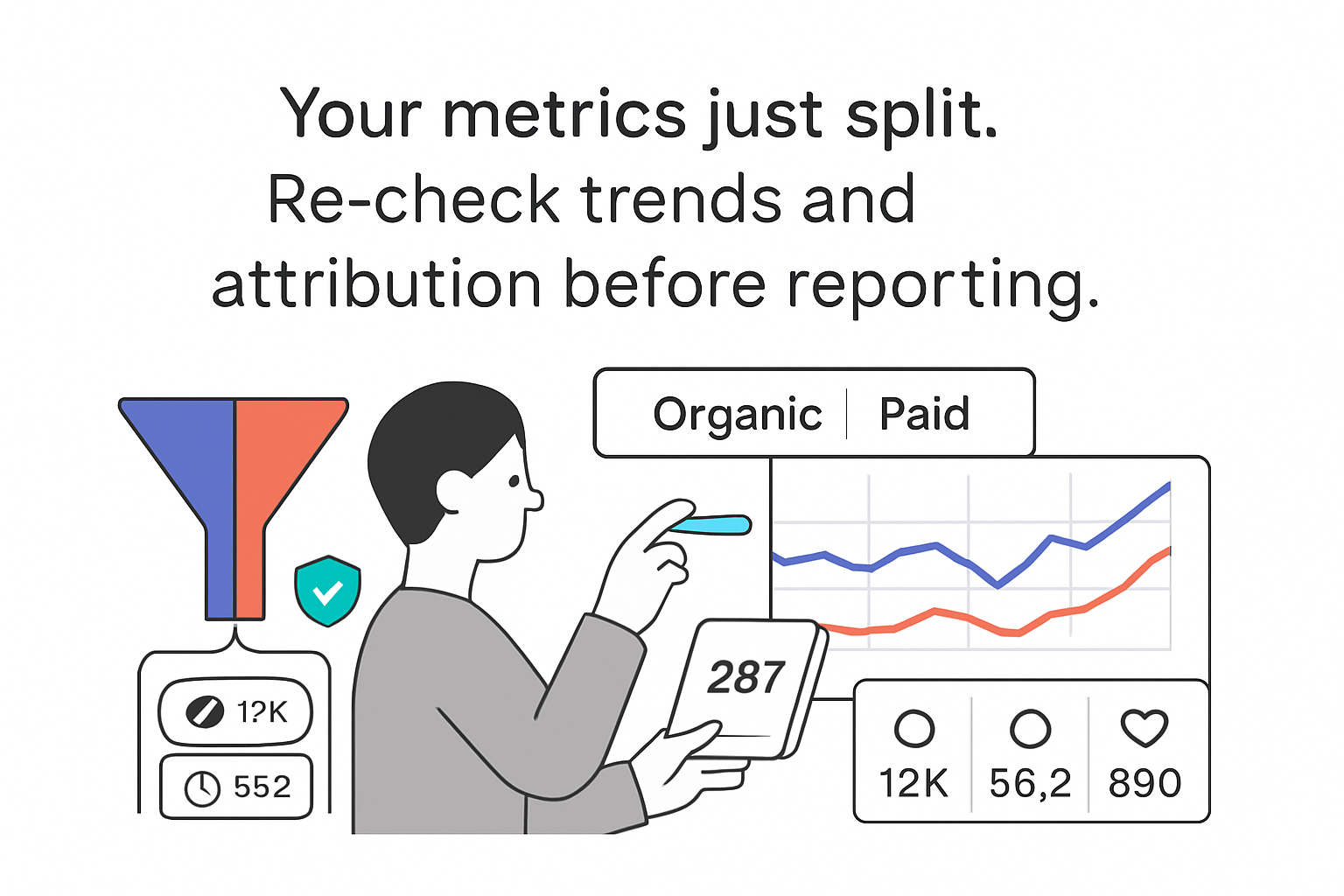 Minimalist dashboard illustration with person toggling Organic and Paid trend lines funnel and KPI tiles
