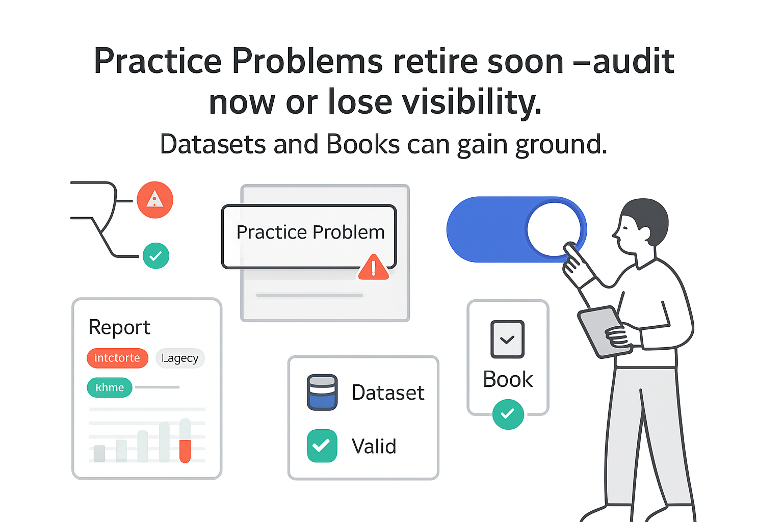 Minimalist Practice Problem card fading with warning badge power toggle off report panel datasets books