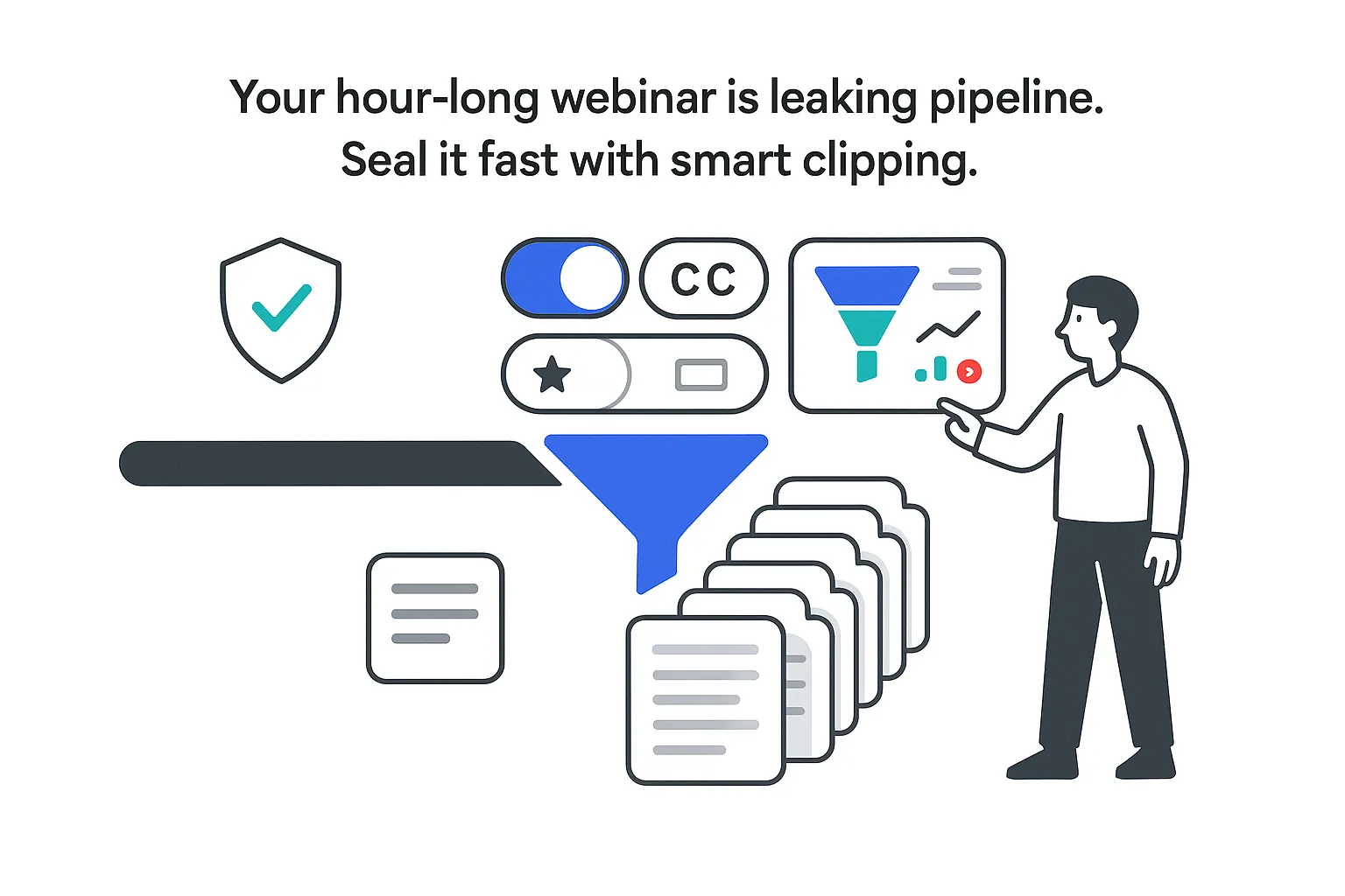 Minimalist white tech illustration funnel timeline outputting 12 clip cards metrics shield person pointing