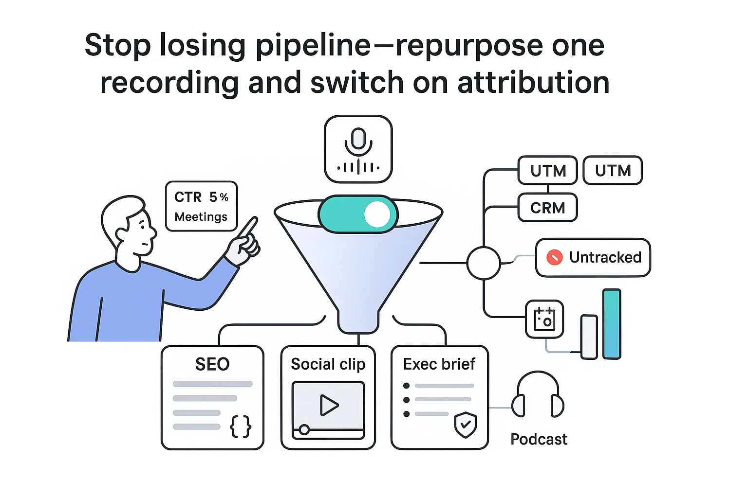 Content repurposing funnel with attribution toggle and SEO social podcast exec brief output panels