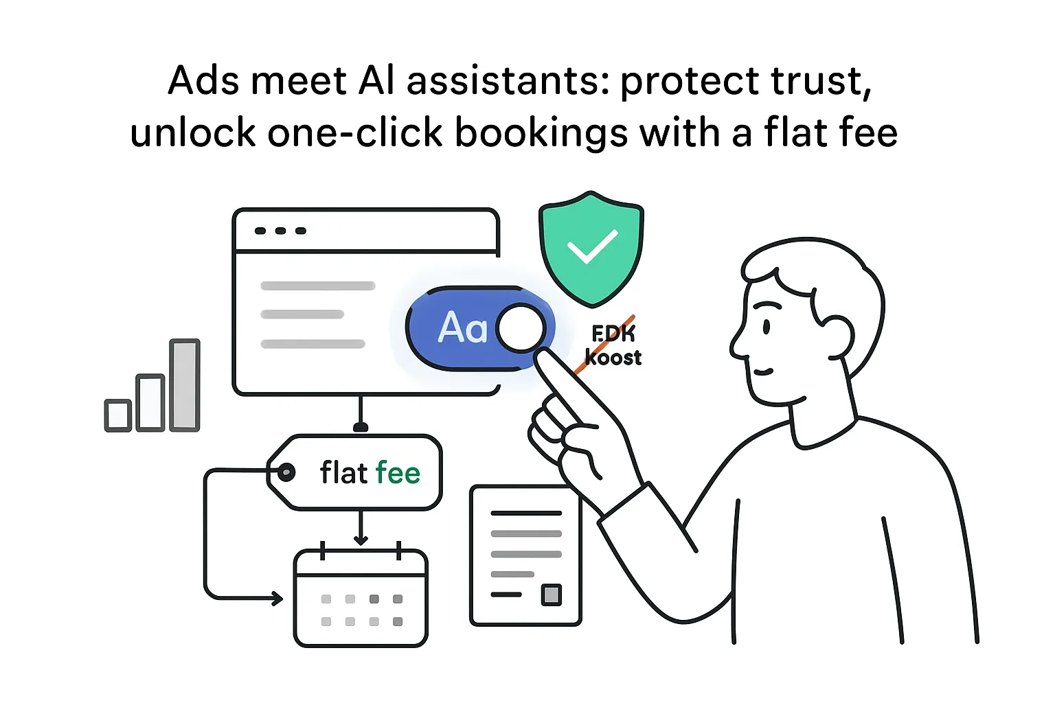 Minimalist AI assistant illustration ad toggle shield check no pay to rank flat fee bookings