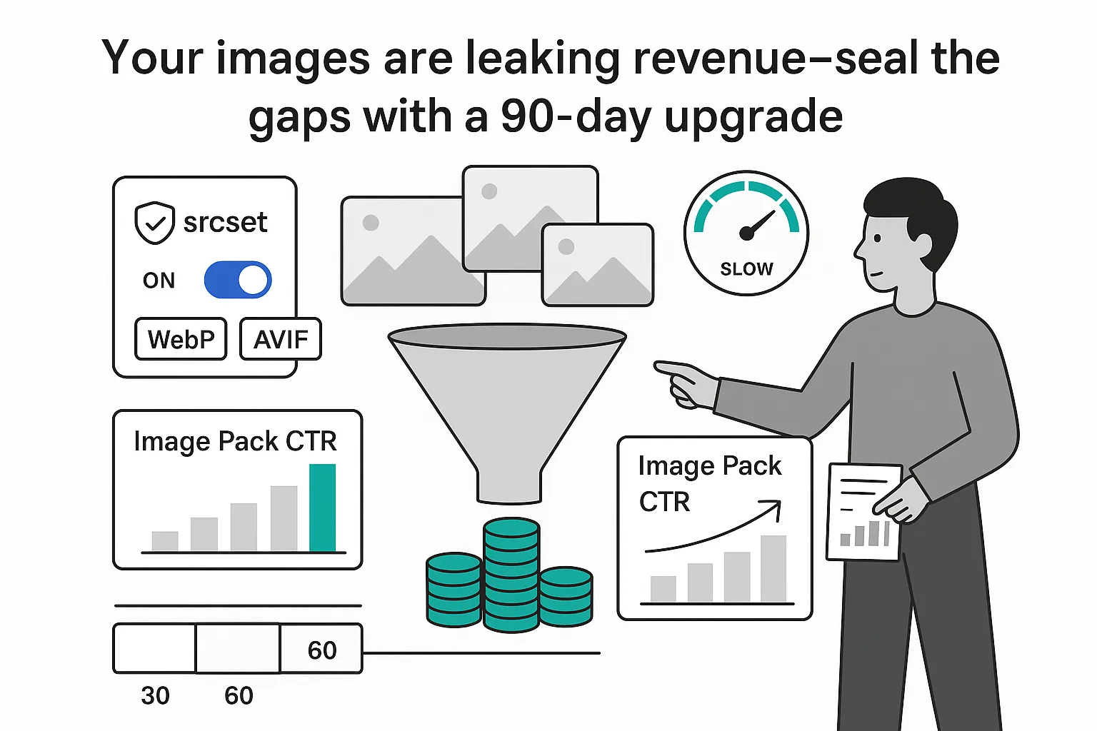 Minimalist tech illustration image optimization revenue funnel LCP dial srcset WebP AVIF 90 day upgrade
