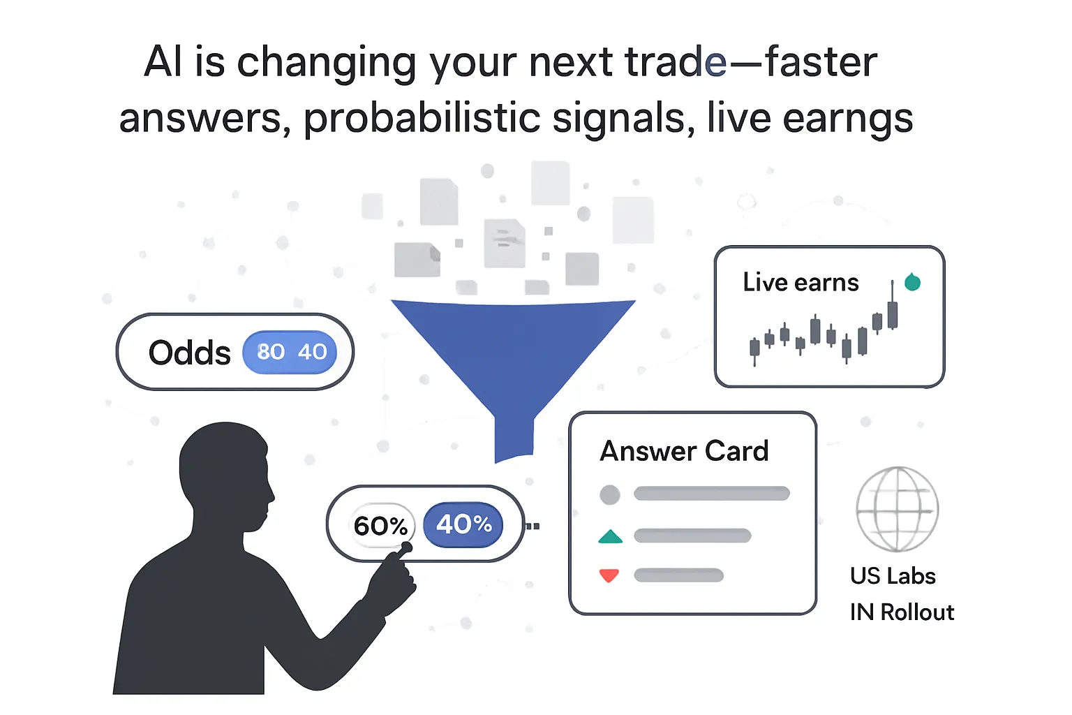 Minimalist illustration funnel distilling document tiles into answer card with odds toggle and earnings panel