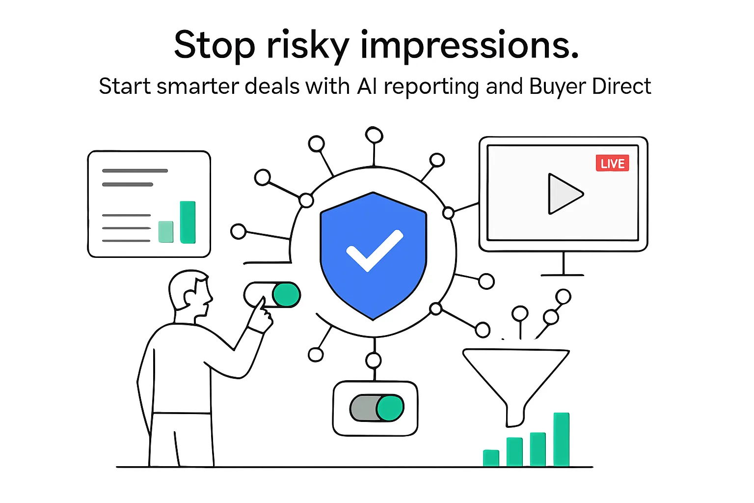 Minimalist tech illustration shield with AI safety nodes report live TV funnel and revenue bars