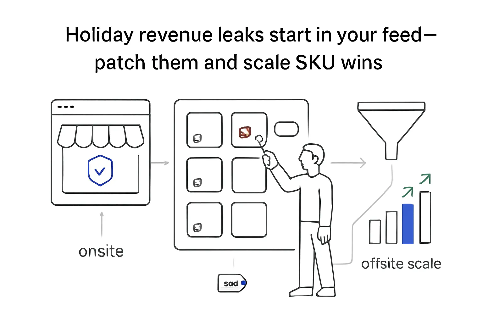 Minimalist product feed with SKU alert toggle onsite brand safe media funnel performance chart