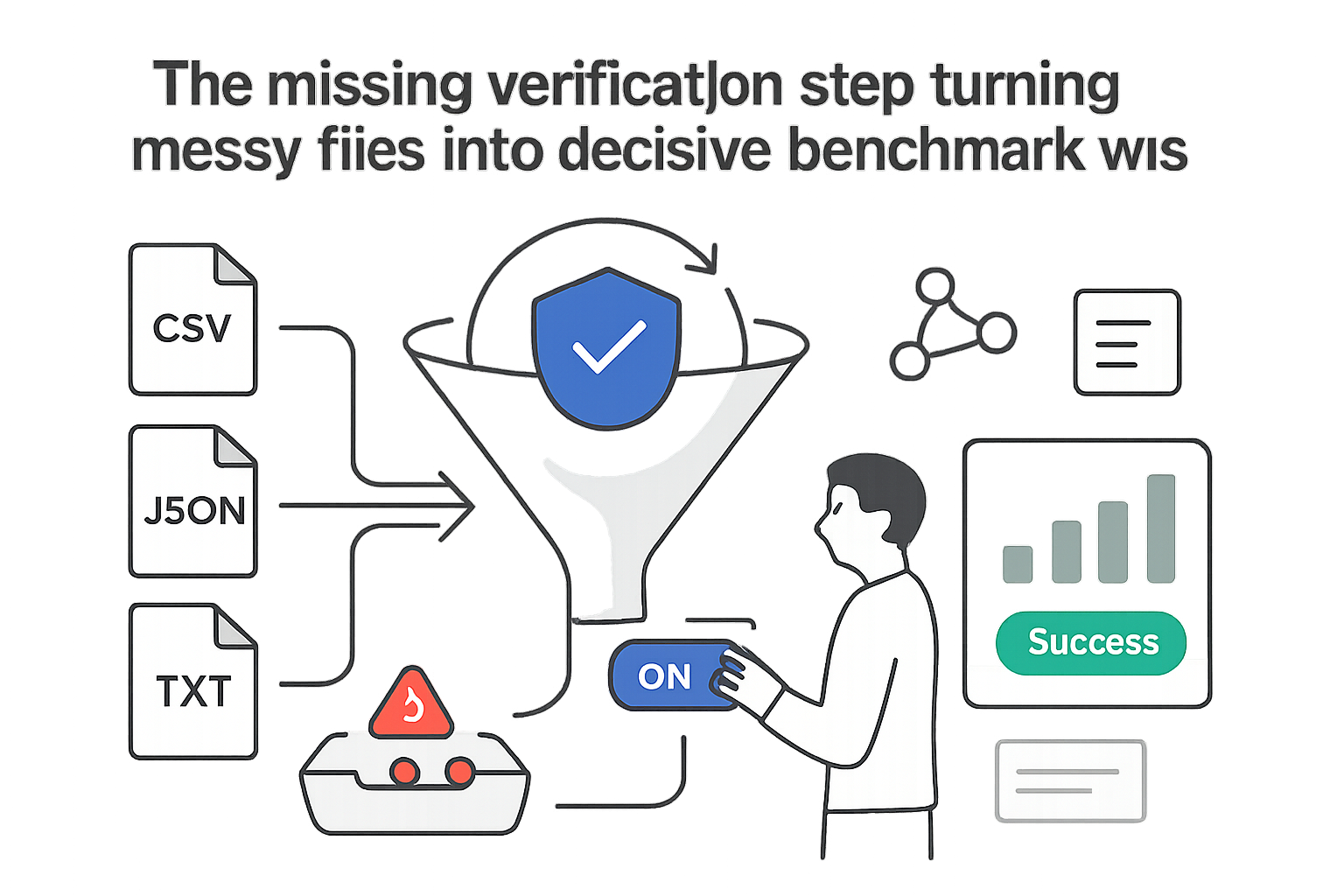 Hidden shield check verification gate funnels CSV JSON TXT files to success report with toggle