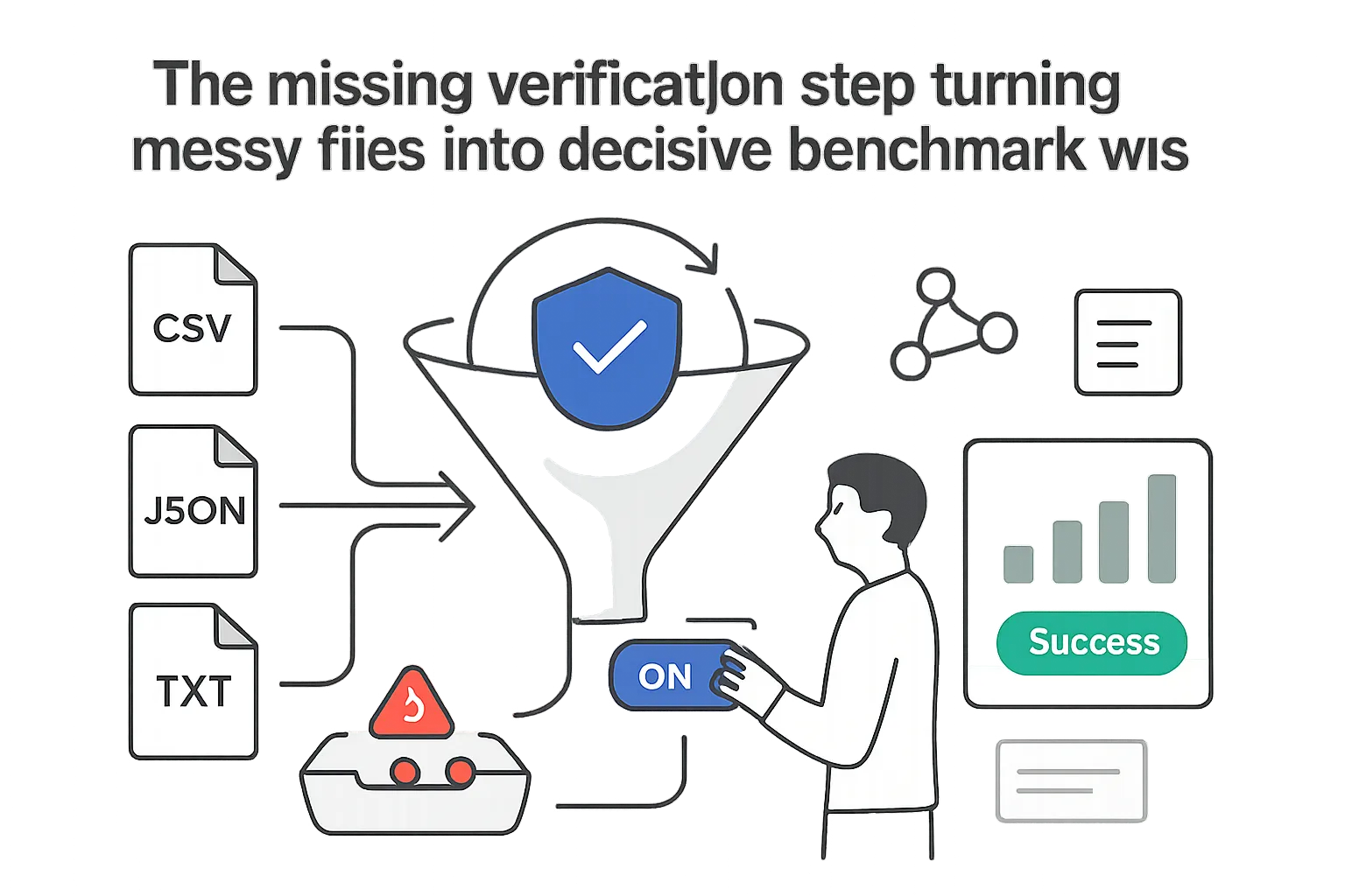 Hidden shield check verification gate funnels CSV JSON TXT files to success report with toggle