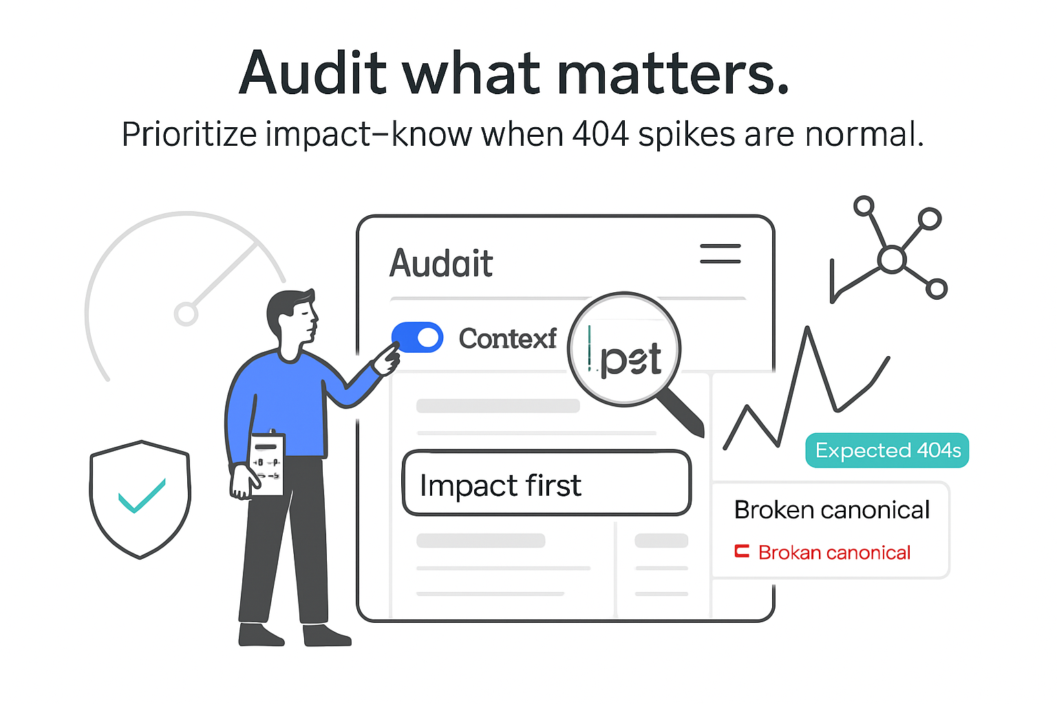 Minimalist UI audit dashboard illustration showing impact first toggle 404 spike and broken canonical alert