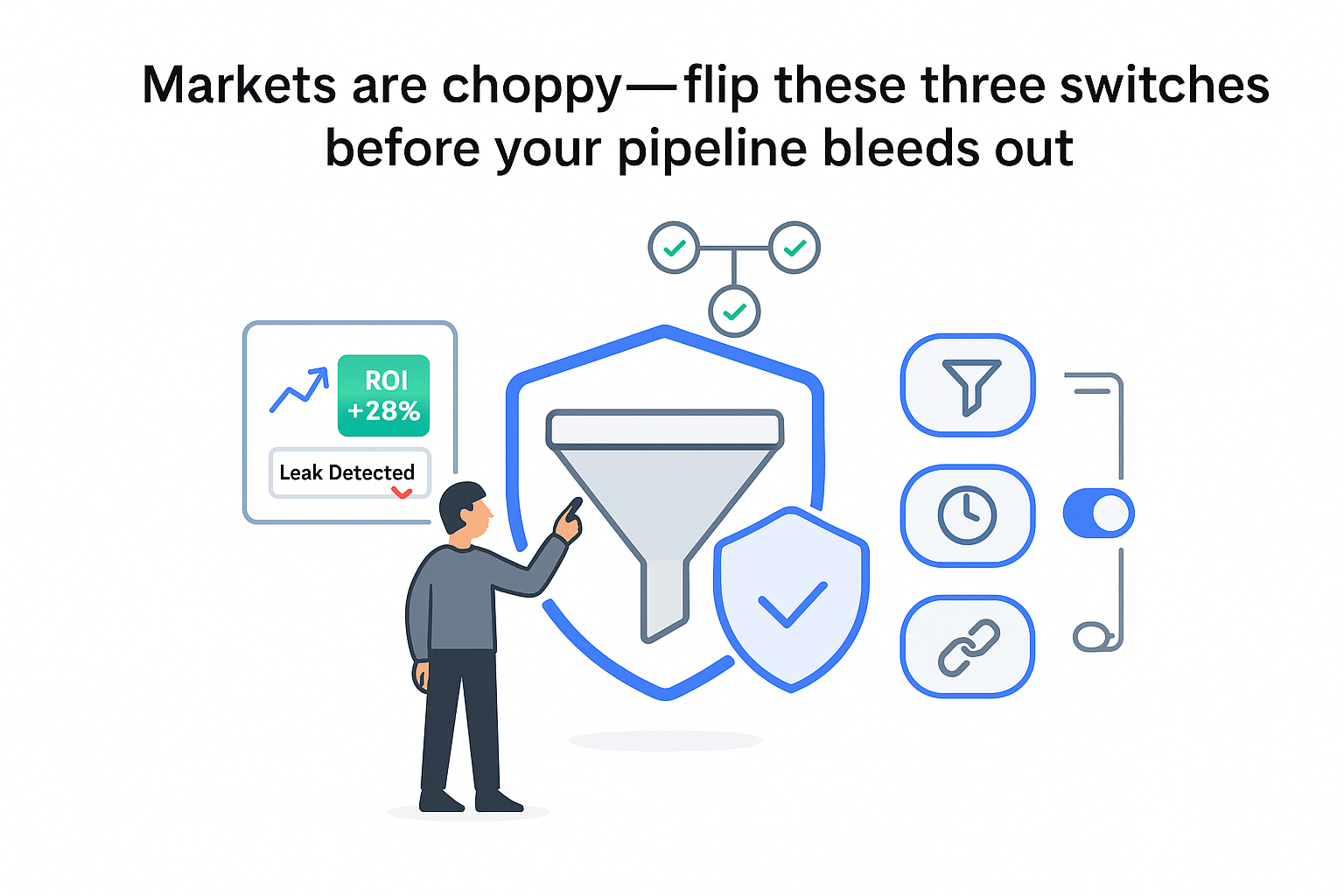 Minimalist marketing illustration sales funnel shield three toggles ROI panel leak detected alert character pointing