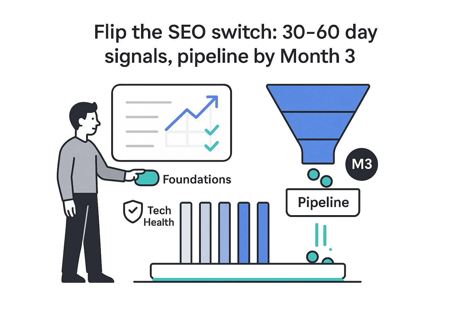 Minimalist tech illustration showing KPI ladder funnel pipeline Month 3 30 to 60 day signals