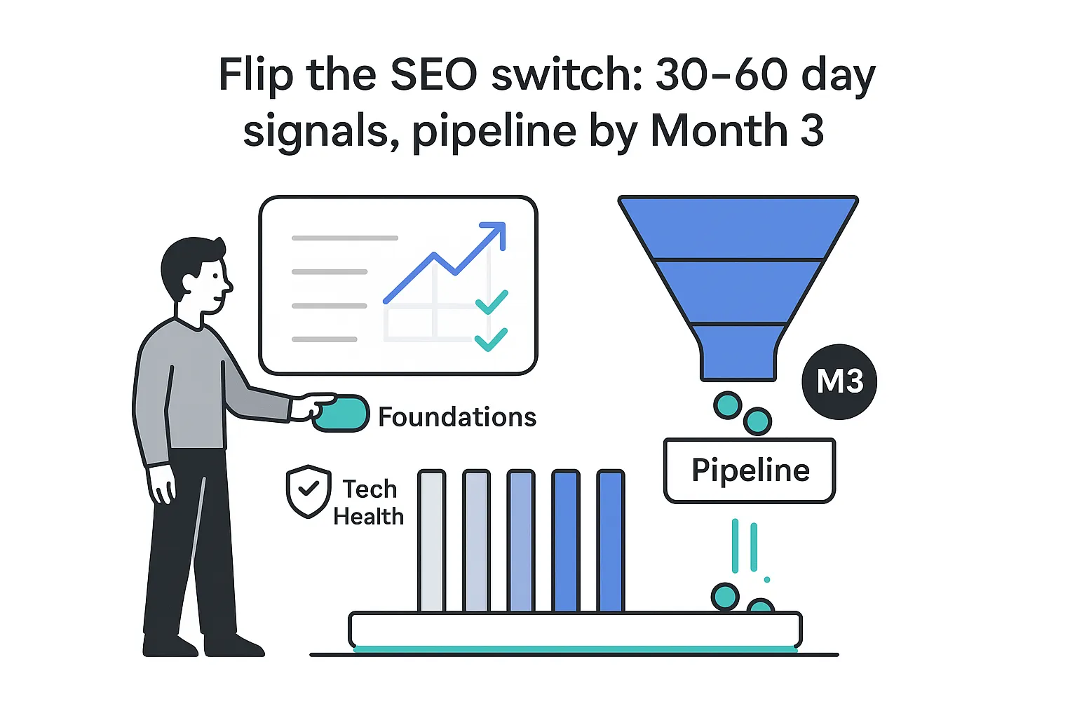 Minimalist tech illustration showing KPI ladder funnel pipeline Month 3 30 to 60 day signals