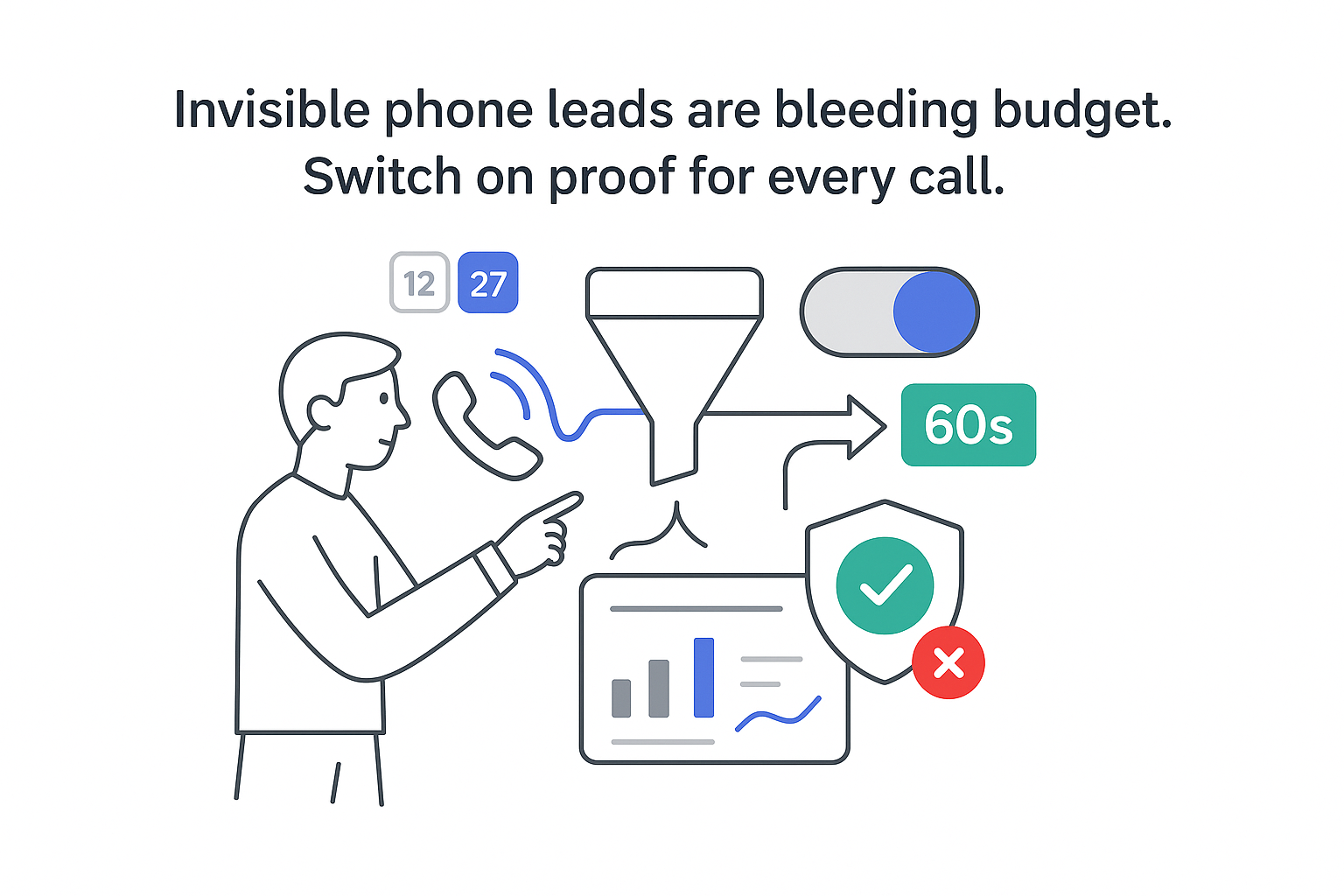 Minimalist tech illustration call to conversion funnel with phone waveform toggle 60s metrics shield check