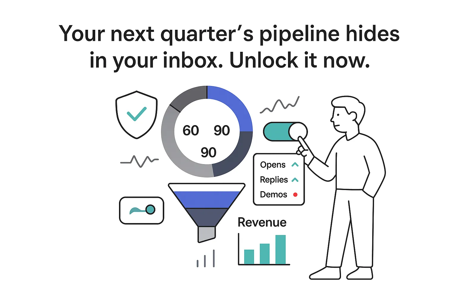 Minimalist tech illustration 30 60 90 progress ring funnel revenue bars sync toggle KPI panel