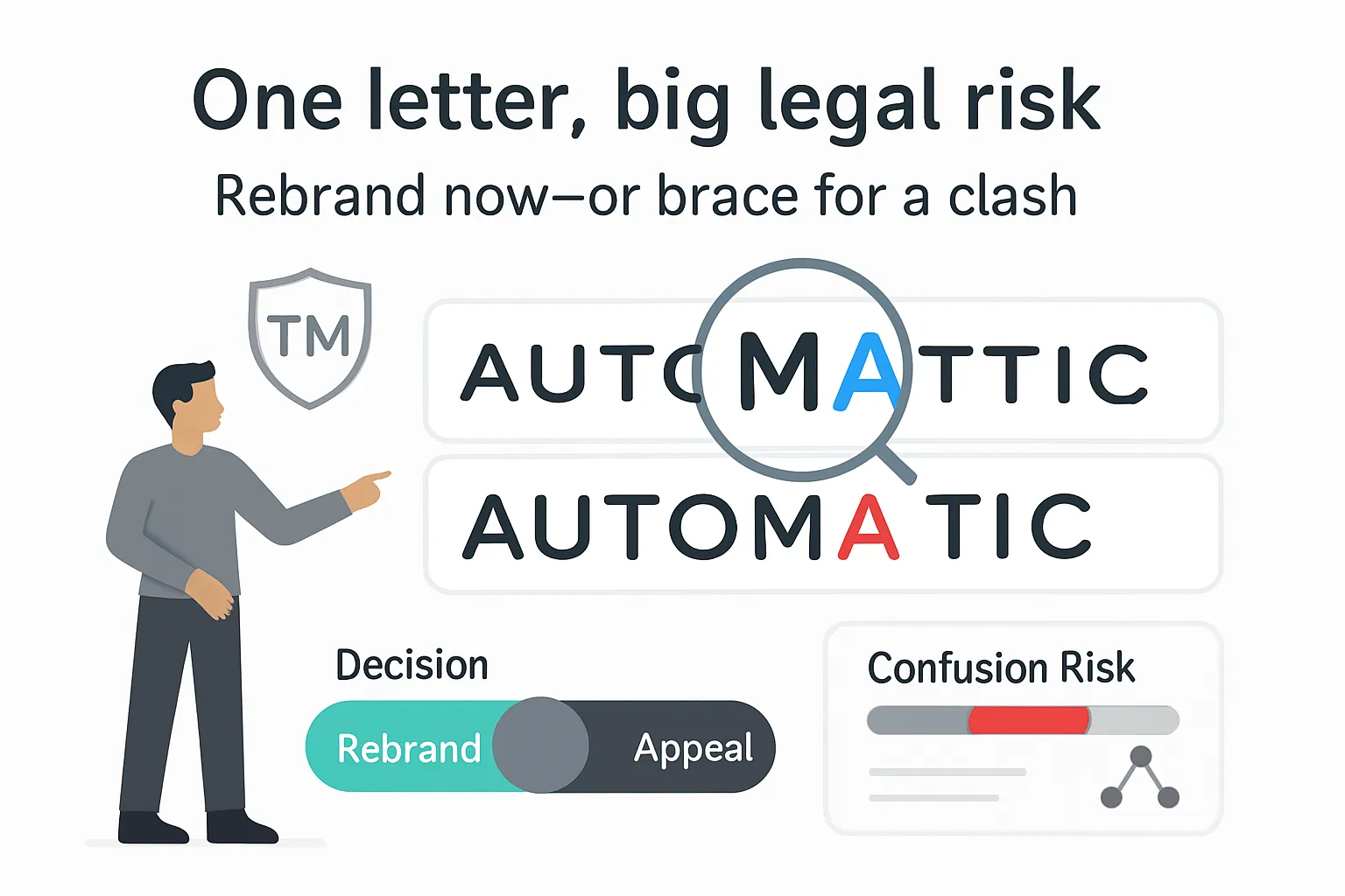 Minimalist illustration of AUTOMATTIC and AUTOMATIC nameplates highlighting extra T with magnifier and trademark shield