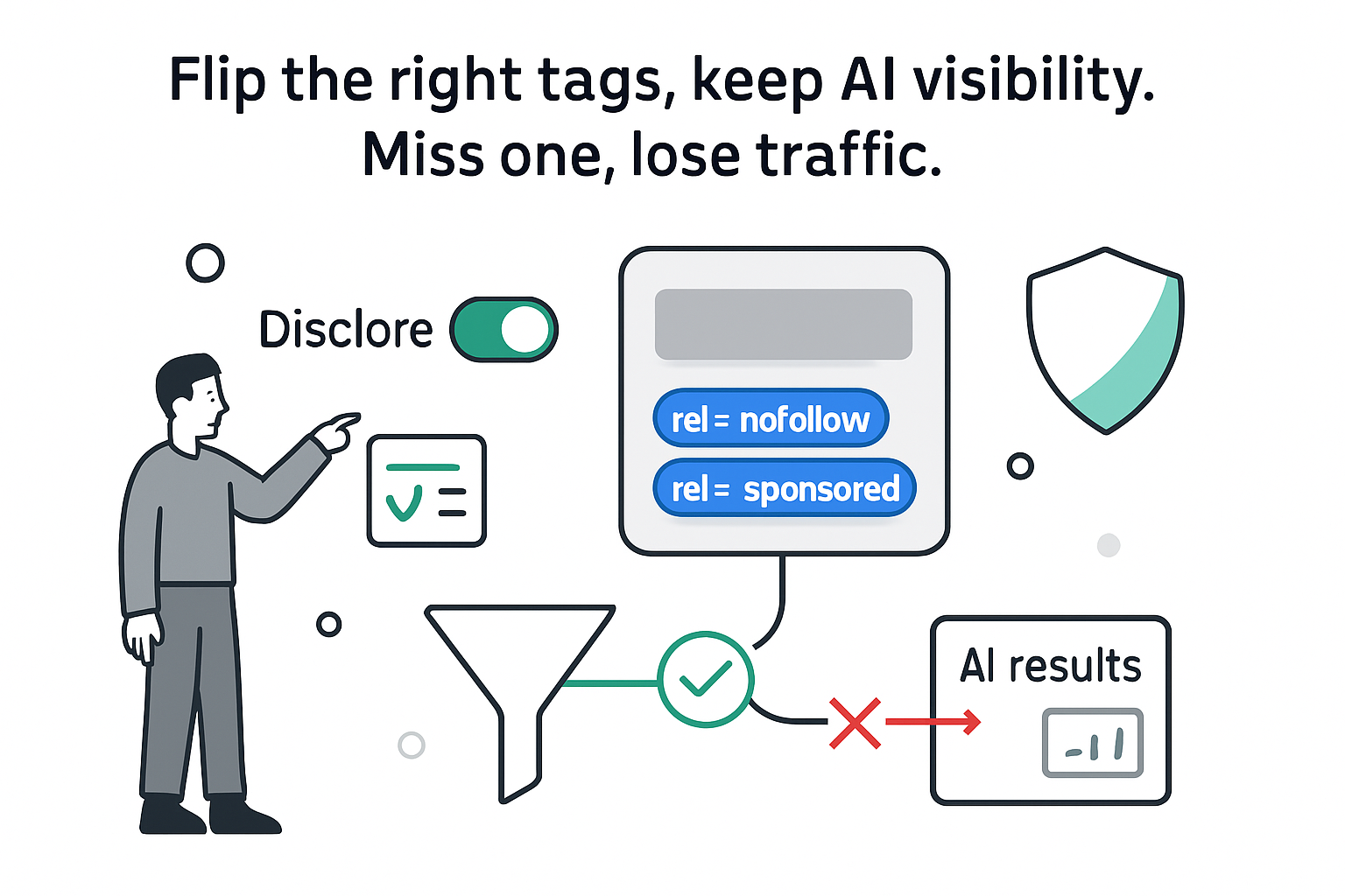 Minimalist illustration of link card with sponsored and nofollow disclosure toggle shield funnel AI results