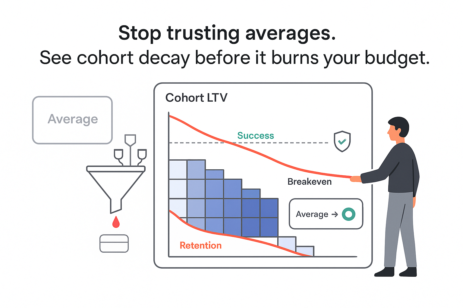 Minimalist Cohort LTV dashboard with funnel leak cohort heatmap decay payback lines and user toggle
