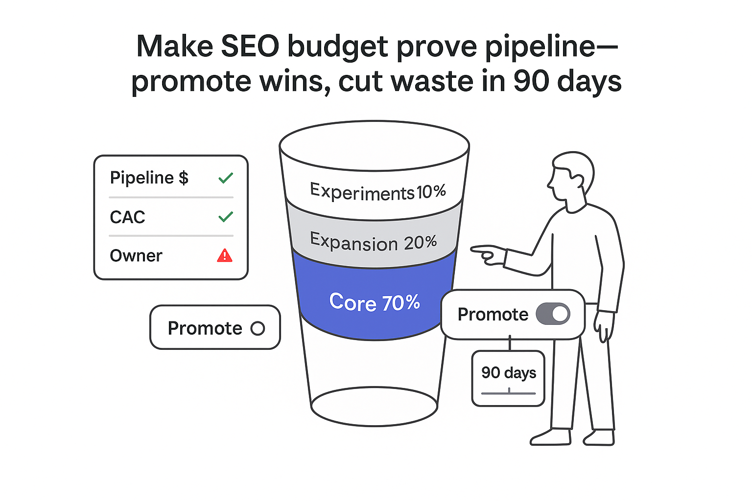 SEO budget funnel 70 20 10 KPI panel promote cut toggle 90 days character pointing