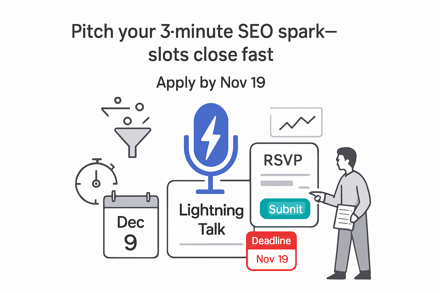 Minimalist tech illustration microphone lightning bolt LightningTalk calendar Dec9 RSVP submit Nov19 deadline person pointing