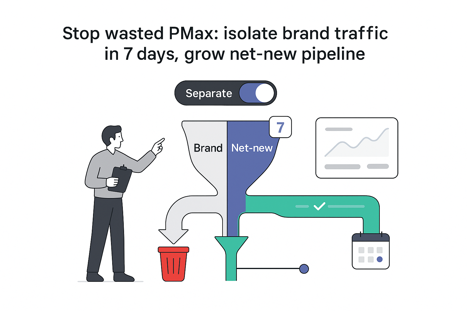 Minimalist marketing funnel illustration separating brand traffic and net new pipeline with toggle report