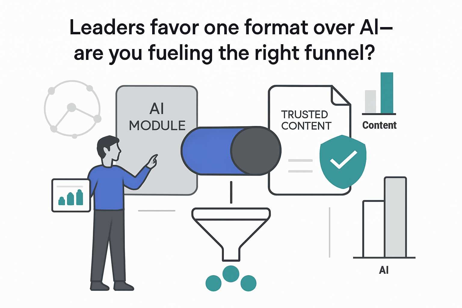 Minimalist tech illustration showing AI module toggled toward trusted content funnel with leader pointing