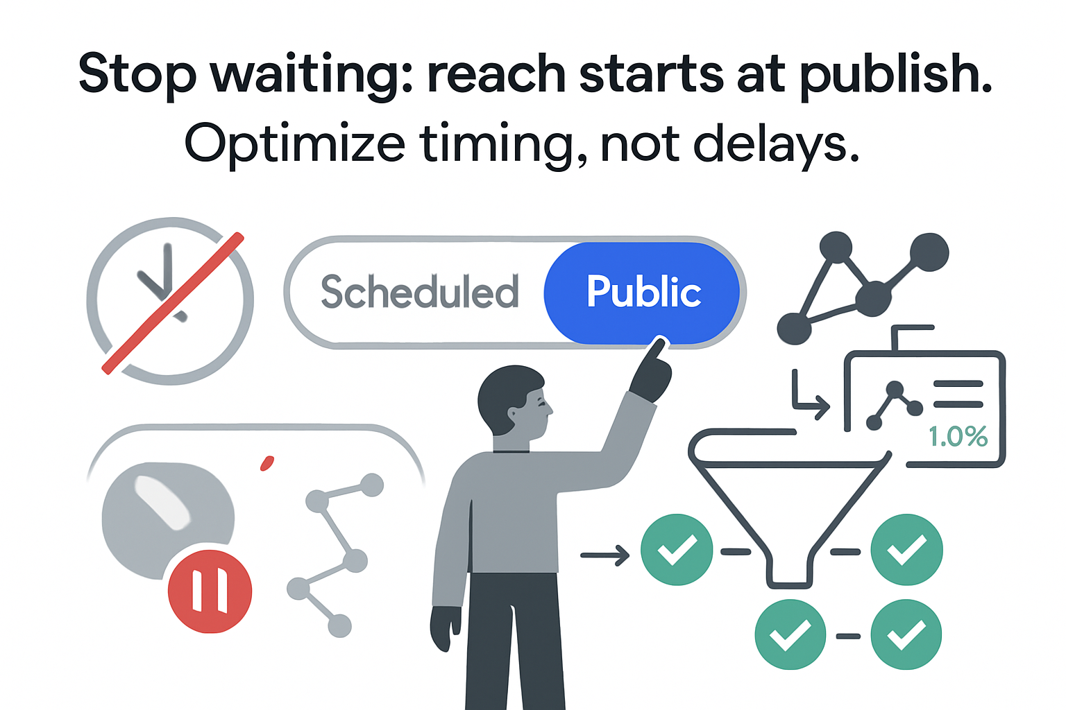 Minimalist tech publish toggle showing scheduled and public feeding recommendation funnel to analytics character pointing