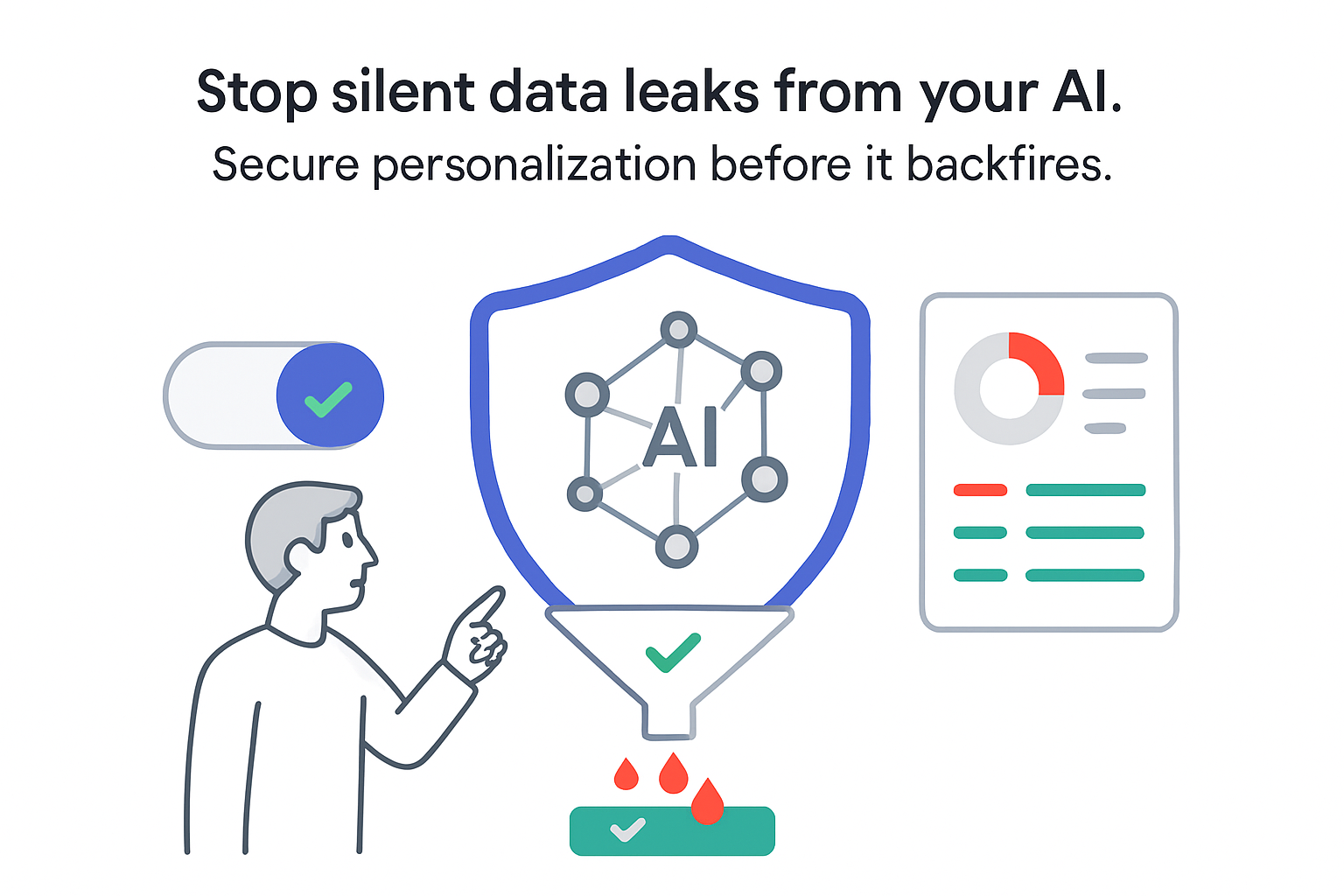 Minimalist AI data leak prevention illustration shield with filter toggle report card and person pointing