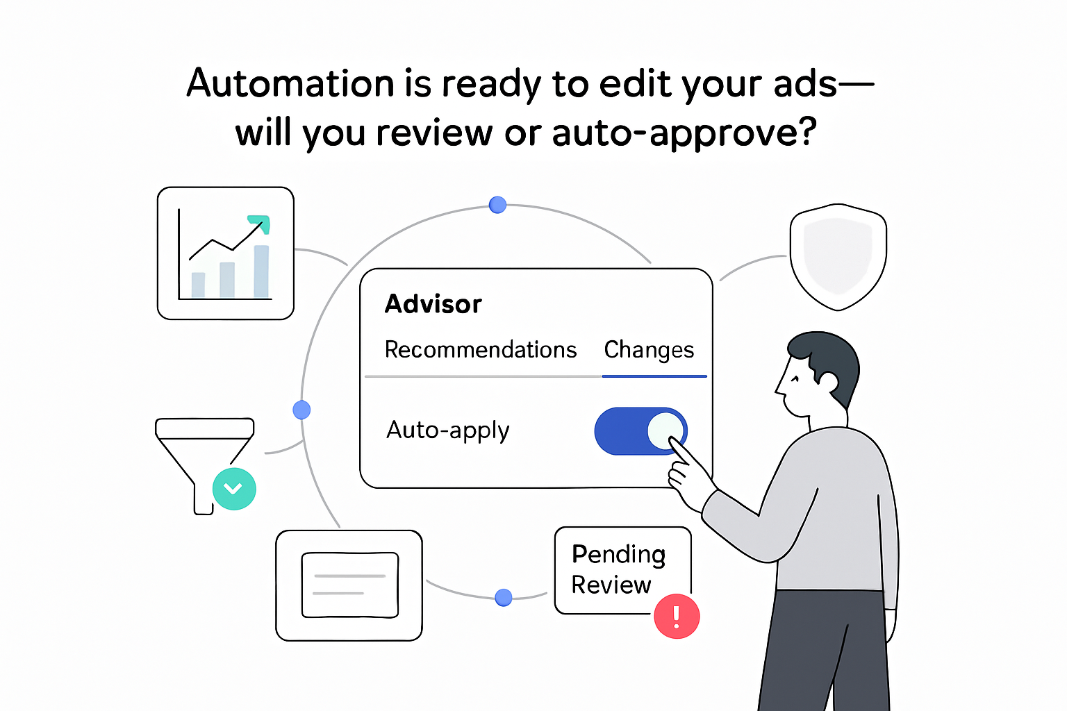 Minimalist advisor control panel with auto apply toggle AI ads automation pending review alert