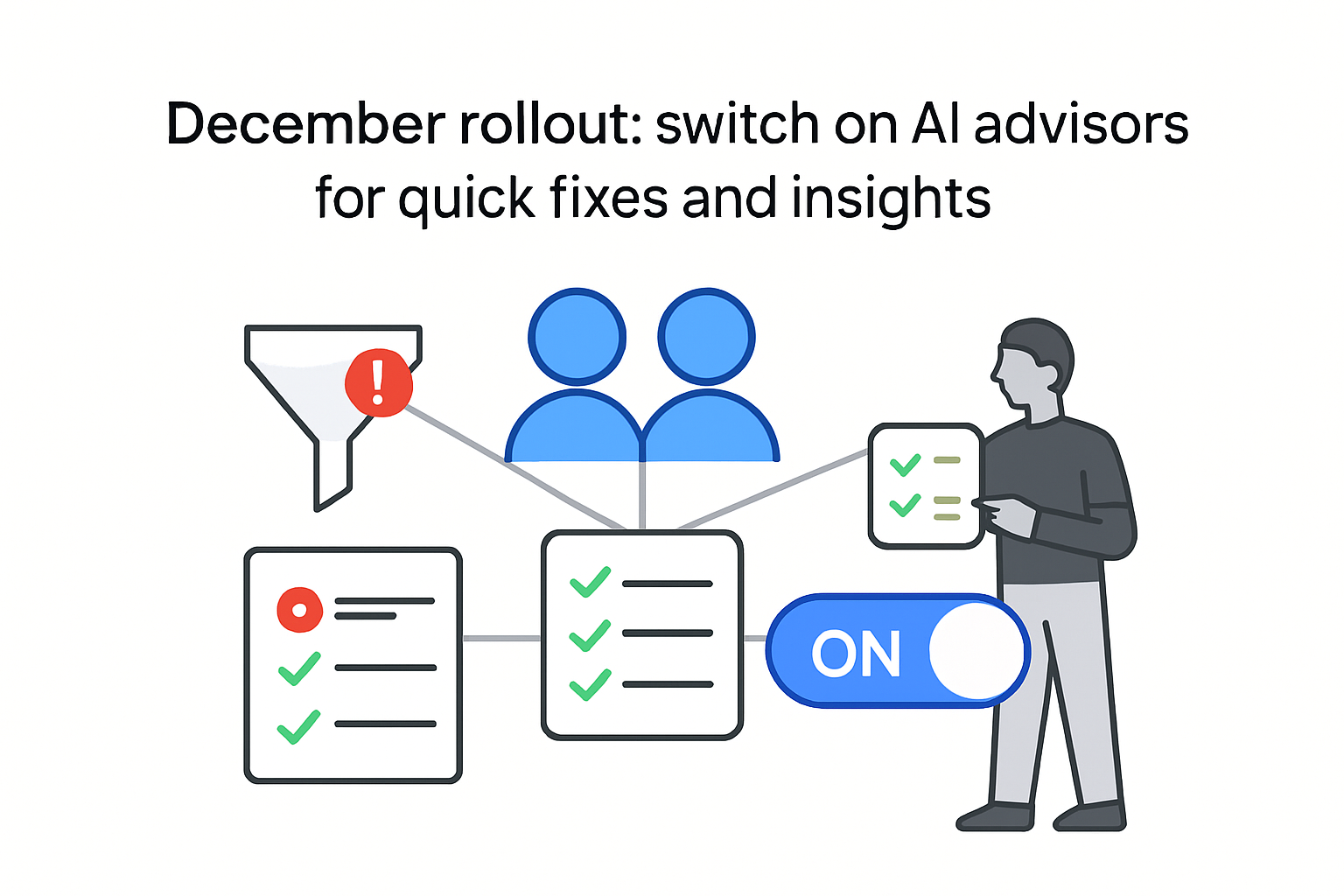 Person points to toggle activating AI advisors dual nodes fixing funnel alert showing trend report
