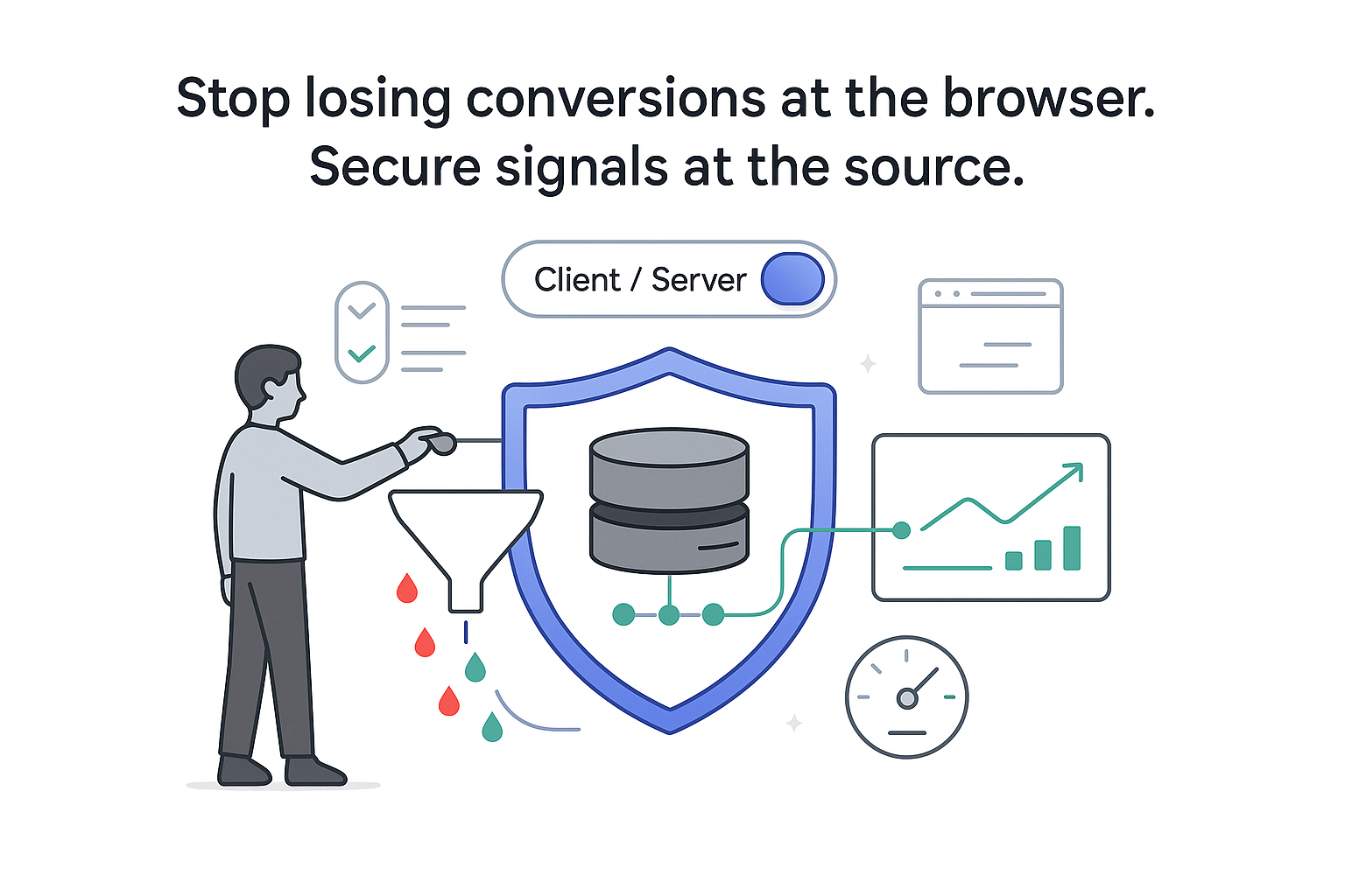 Minimalist tech illustration shield protecting server from funnel leaks routing secure signals to analytics