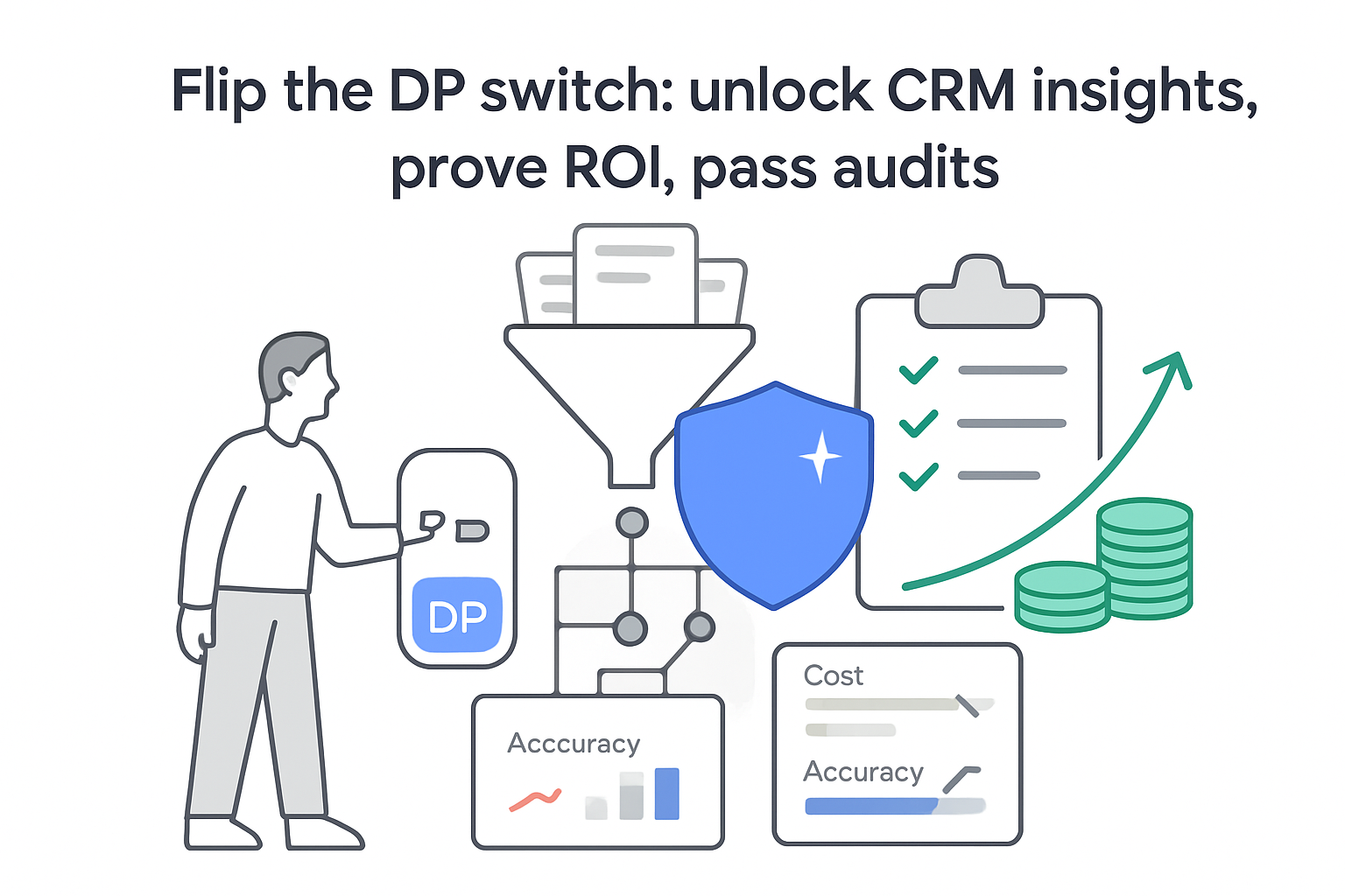 Differential privacy toggle enabling CRM insights model with shield audit checks ROI report and analyst