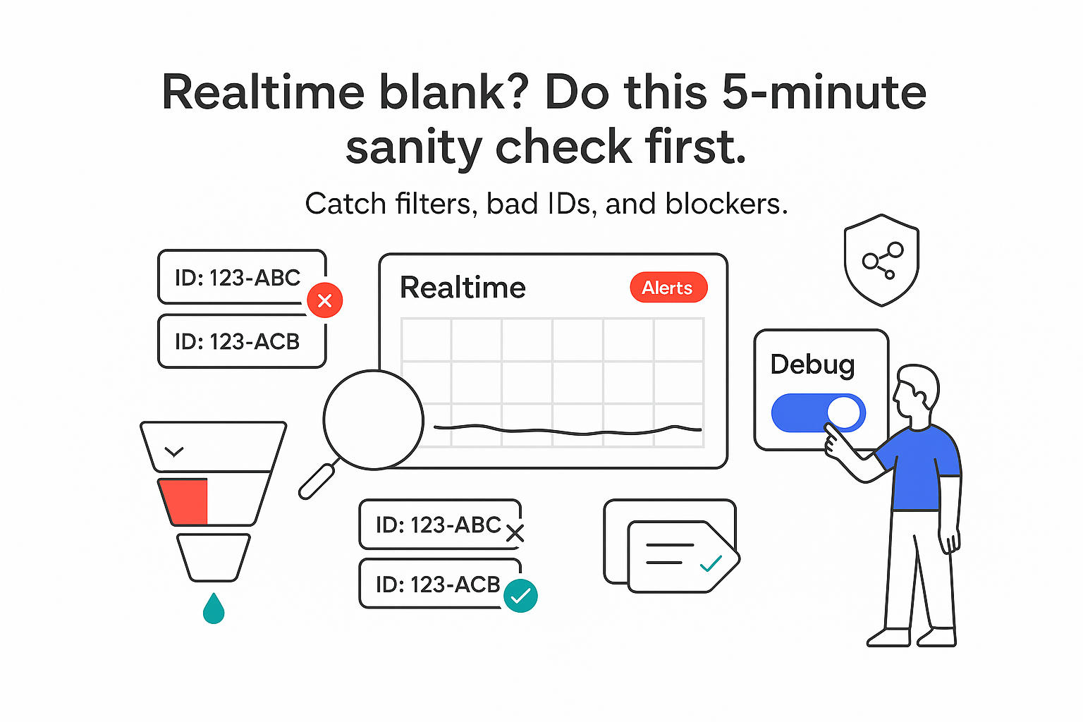 Minimalist realtime analytics panel debug toggle human pointing funnel alert wedge ID mismatch shield blocker
