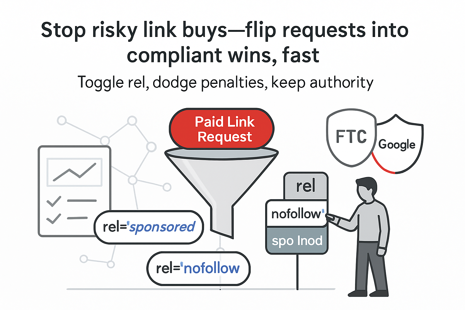 Funnel converting paid link request into nofollow and sponsored tags with compliance shields