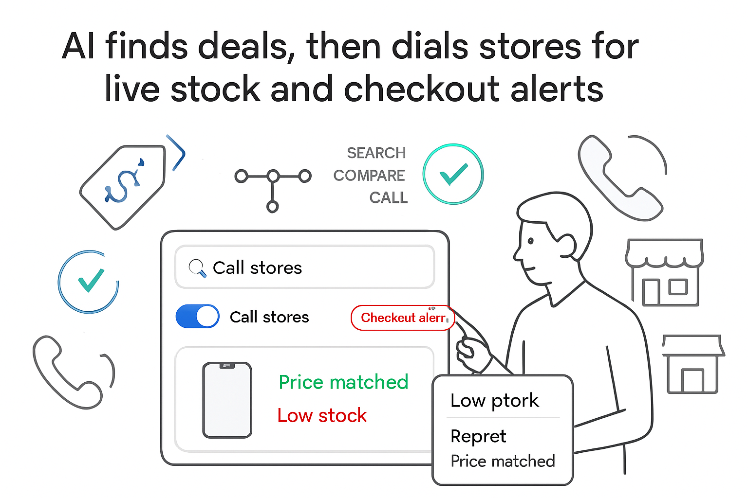 AI guided shopping interface automates store calls for live inventory price matching and checkout alerts