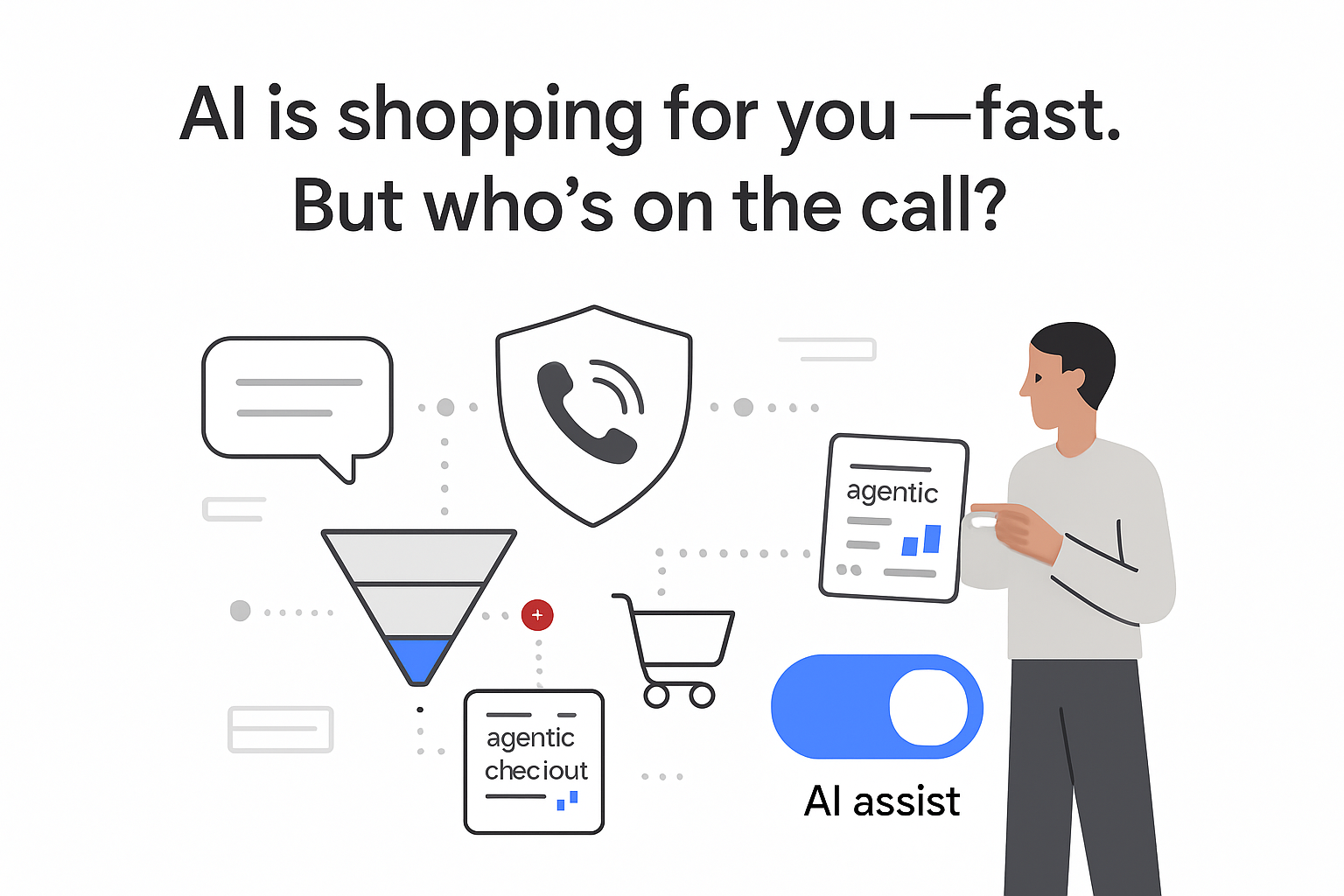 Minimalist illustration of AI assisted checkout with call verification shield receipt and user pointing