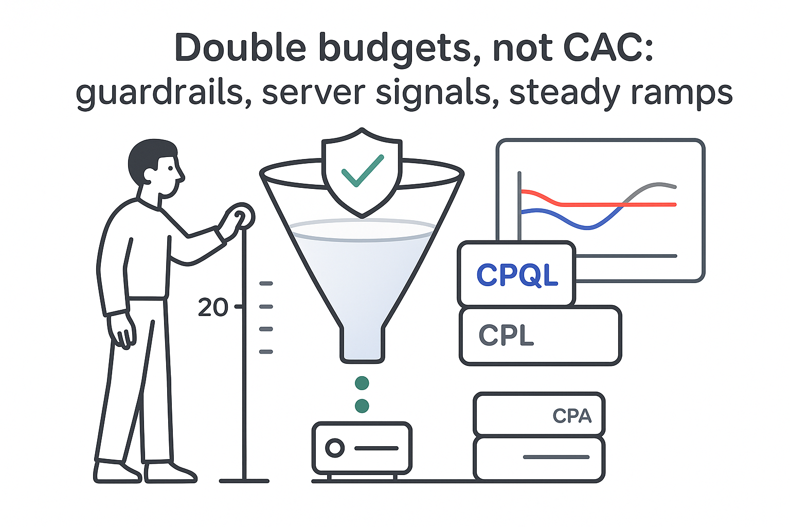 Minimalist tech illustration funnel LTV to CAC guardrail budget slider analyst nudging server signals CPQL