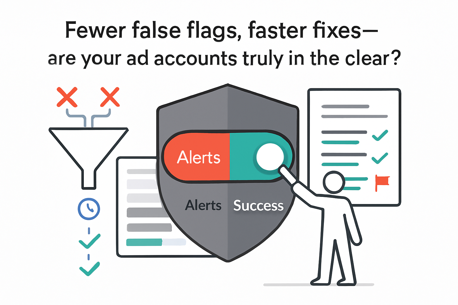 Minimalist shield toggle moving to success green funnel filtering nodes review card ad accounts