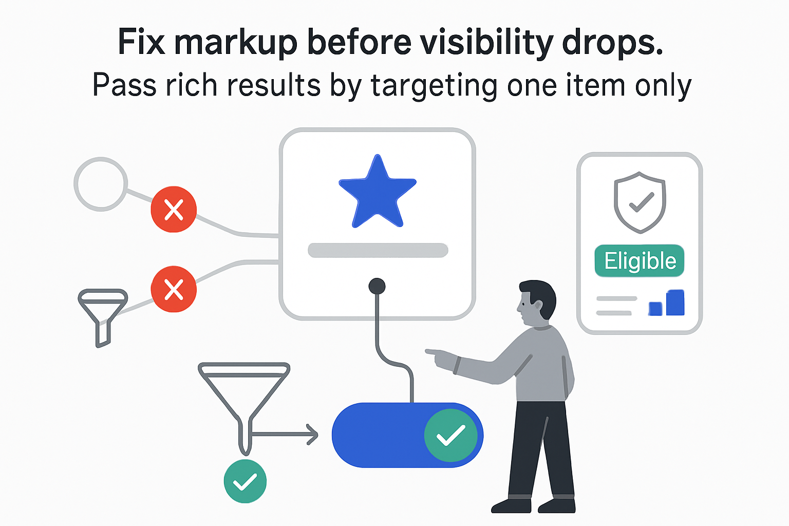 Minimalist tech illustration single item card star rating funnel filter eligible report toggle invalid nodes