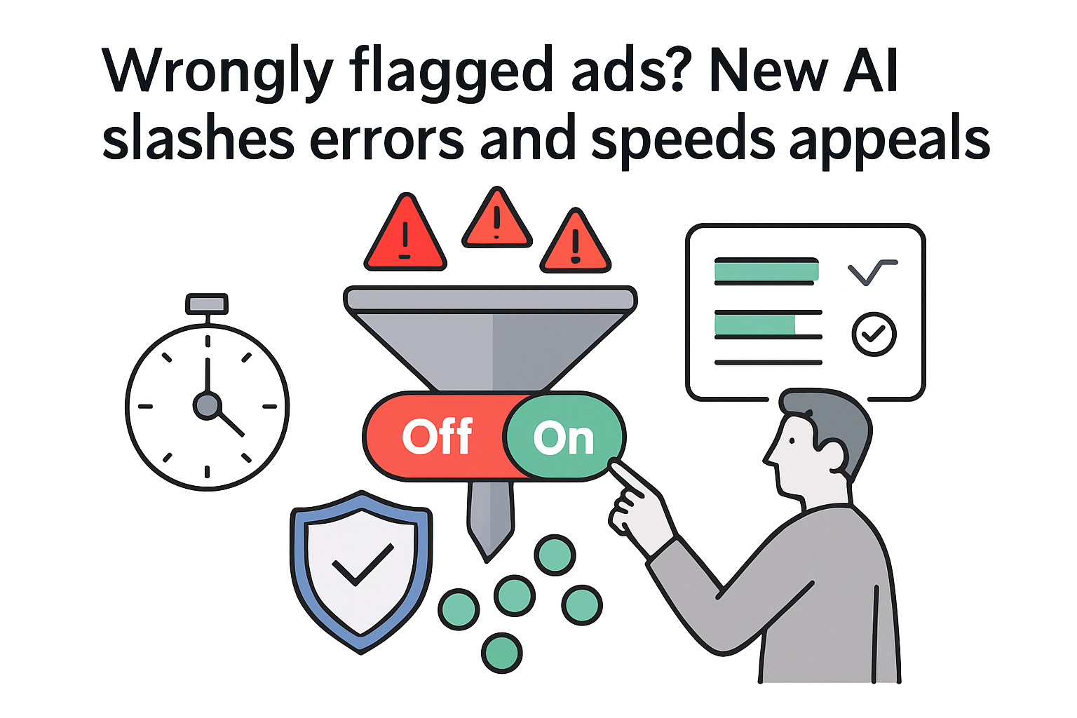Minimalist AI funnel filtering wrongly flagged ads into shield with checkmark green approvals speeding appeals