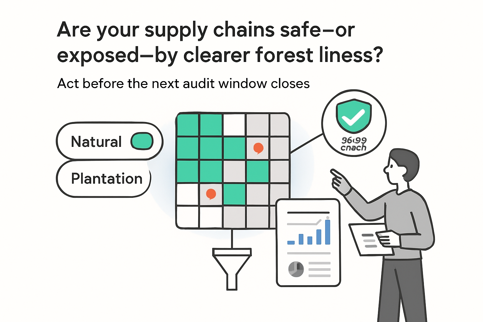 Minimalist tech illustration of supply chain map showing forests plantations risk markers compliance report audit