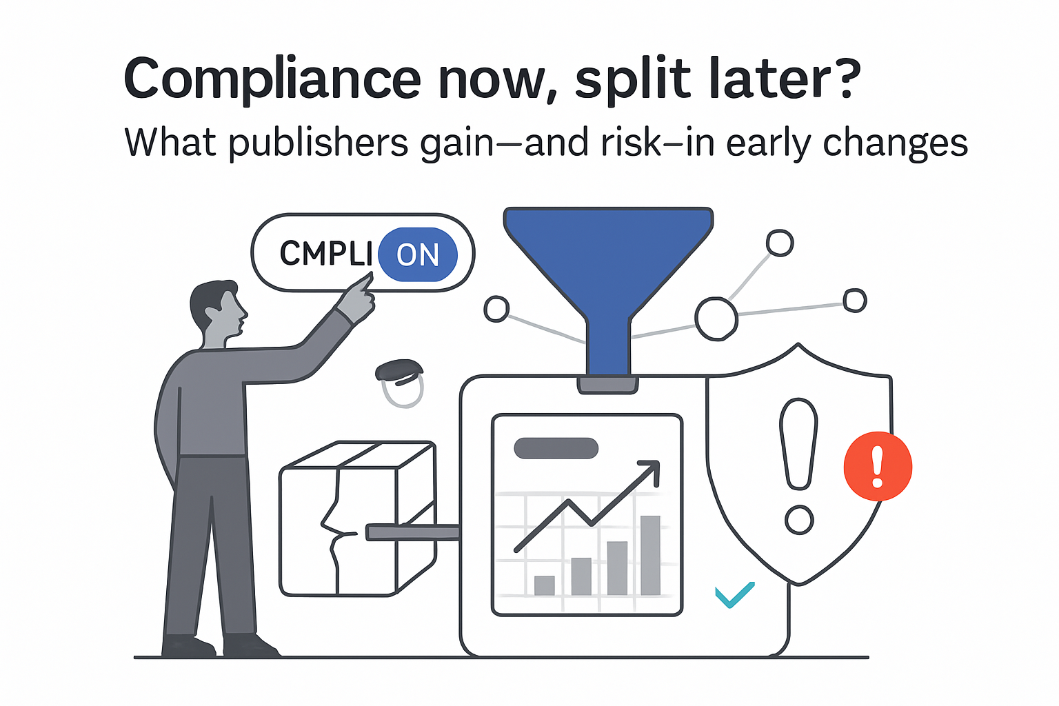 Minimalist adtech funnel into analytics panel compliance toggle on person toggling cracked cube shield publishers
